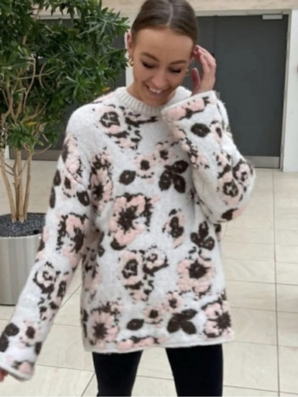 Zara Floral Print Jacquard Knit Chunky Sweater